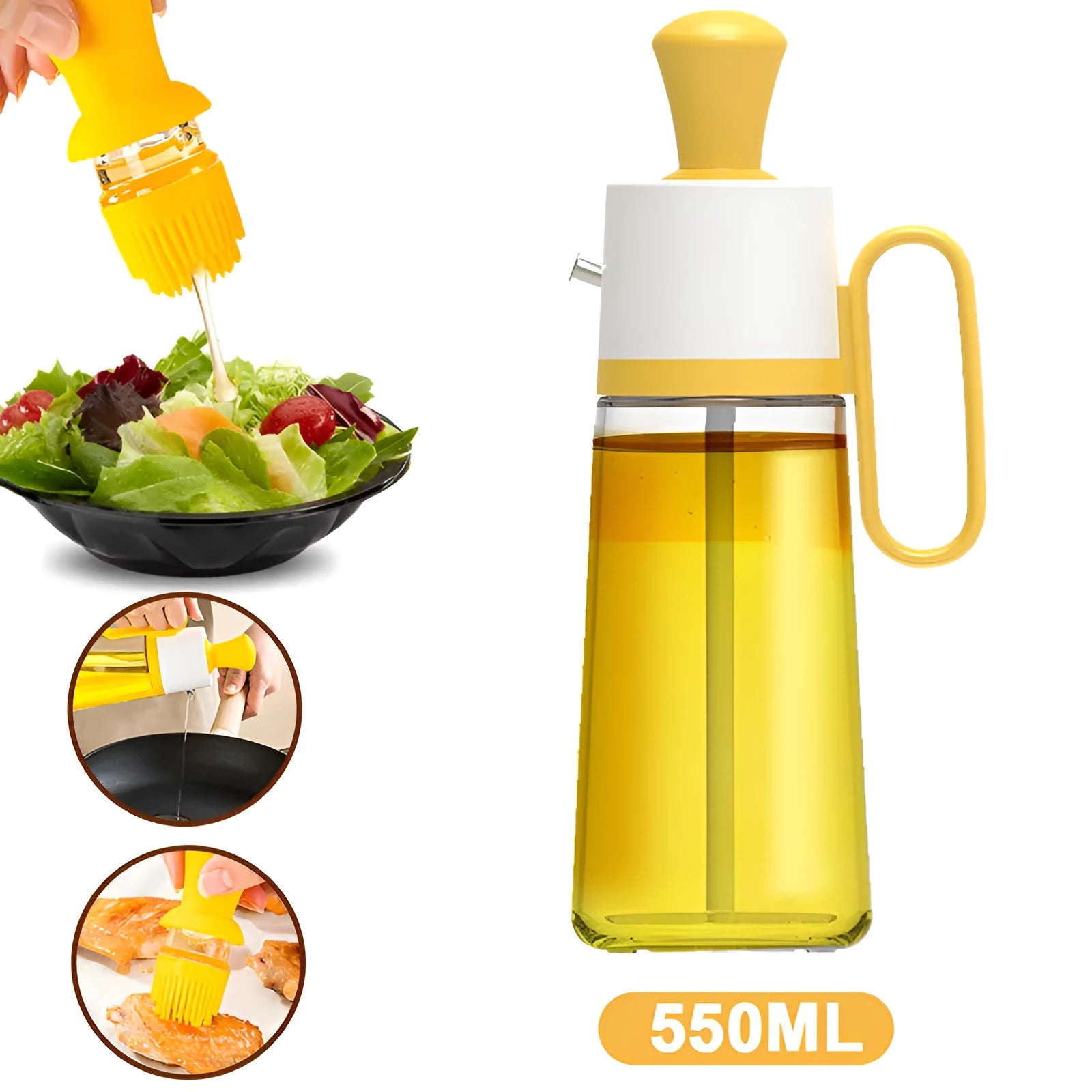Yellow, green, and brown 550ml glass oil dispenser with silicone brush and stainless steel nozzle.