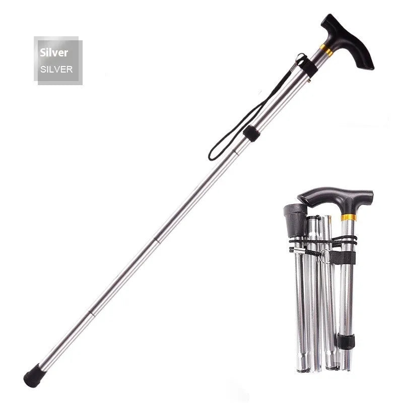 Aluminium alloy folding cane extended to 95cm with non-slip rubber tip, showing adjustable sections and folding mechanism