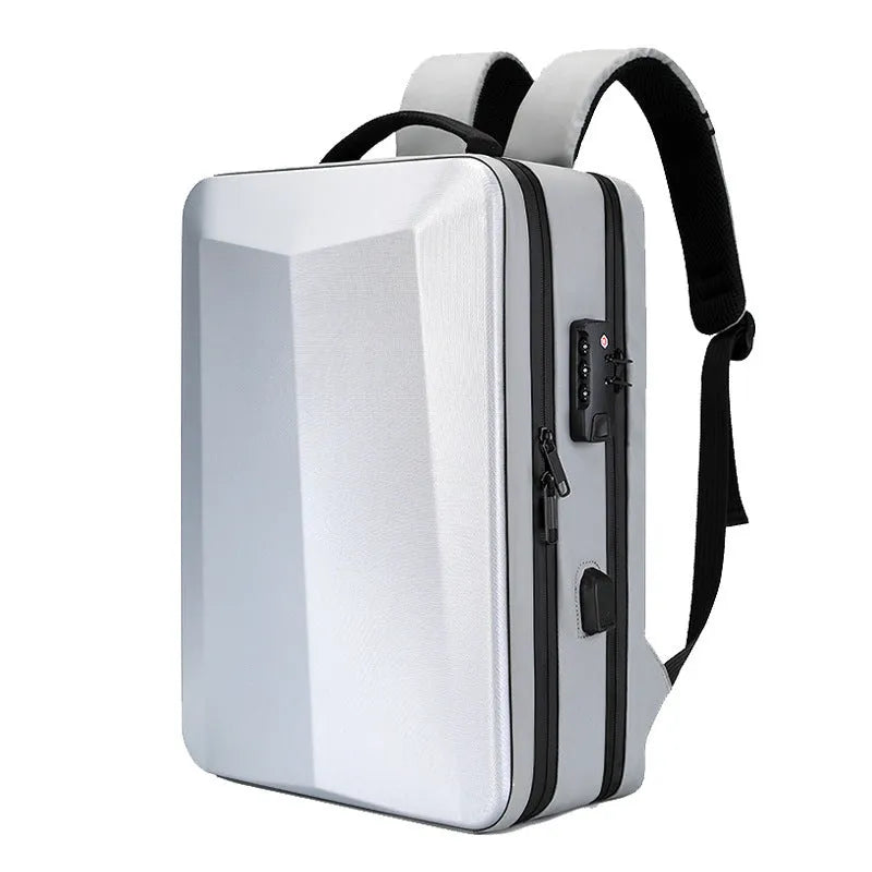 Waterproof business backpack with curved shoulder strap, 20-35L capacity, available in black and silver white colours