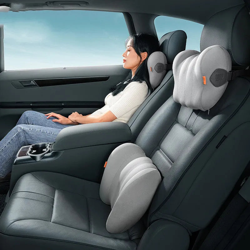 Grey and orange car headrest and lumbar pillow set with memory cotton interior