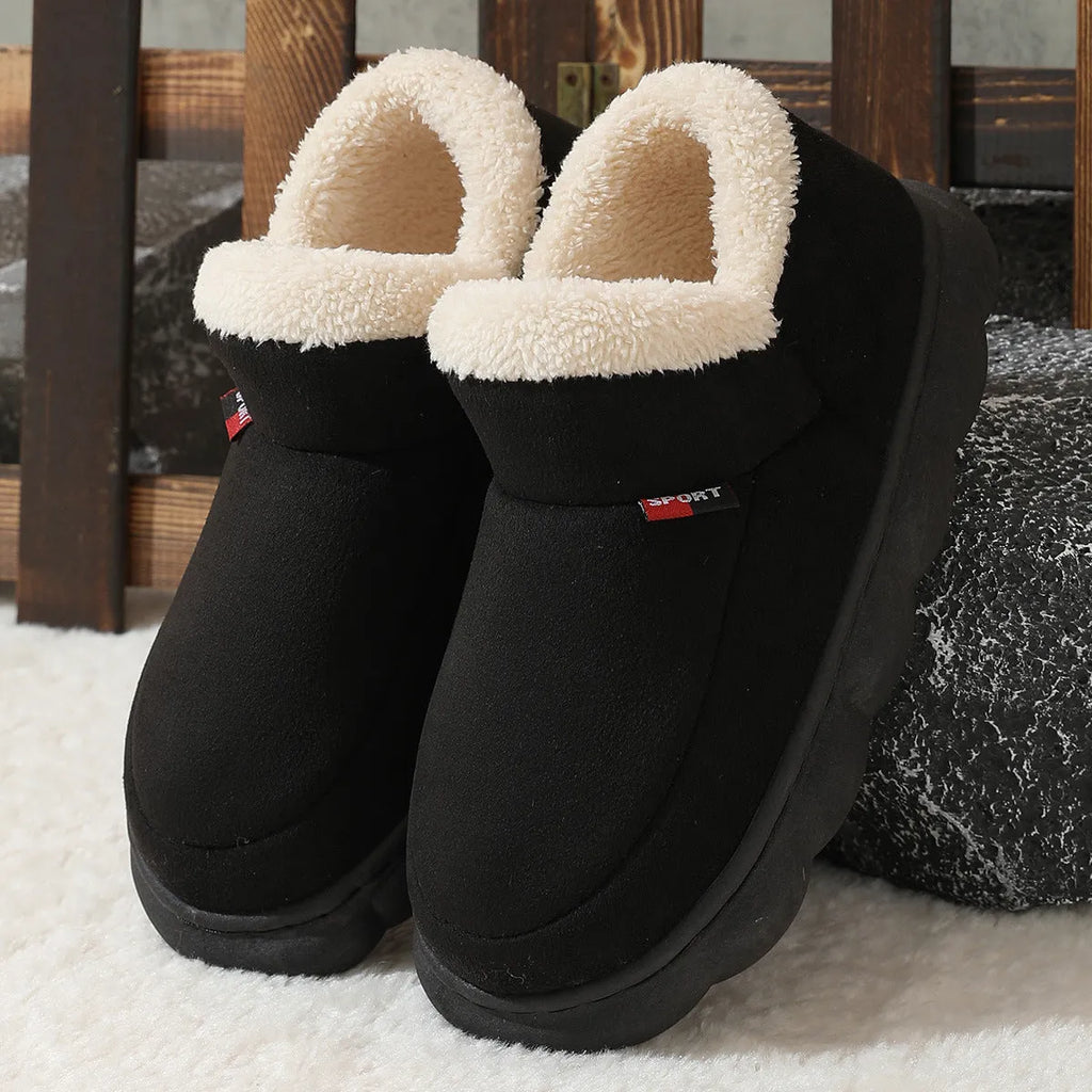 Winter plush cotton house shoes with soft velvet upper, suede lining, and thick rubber sole in solid colours.