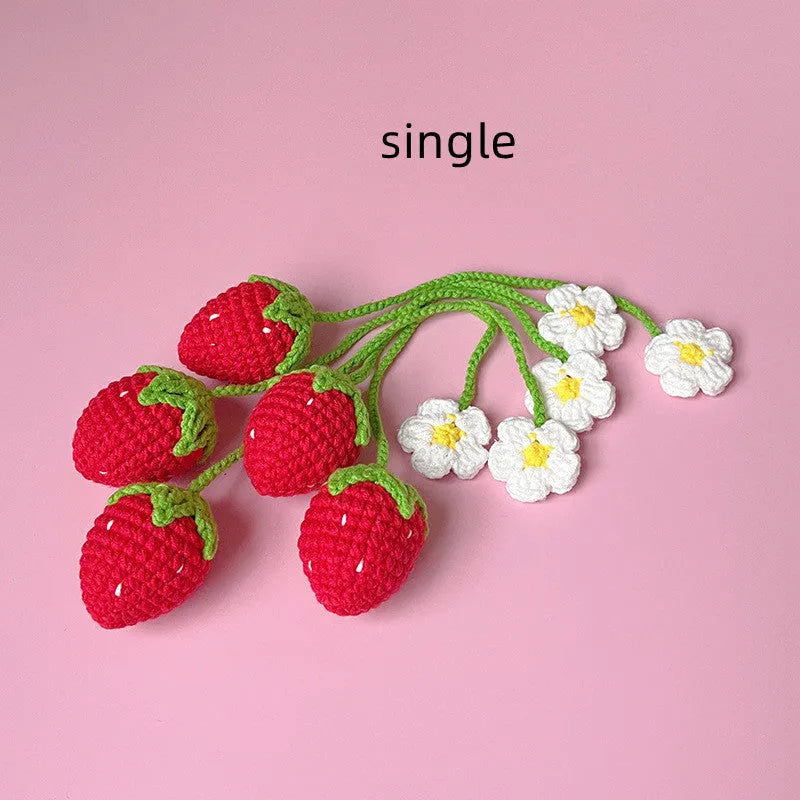 Handmade wool crochet strawberry pendant on 35cm cord, showing red or pink colour option
