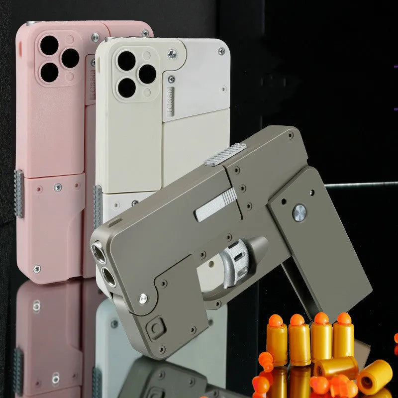 Folding mobile phone toy dart blaster in pink showing double barrels and safe EVA foam bullets