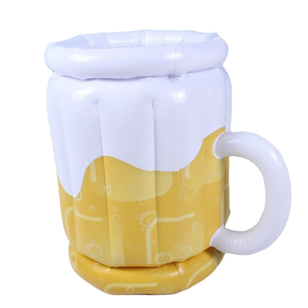 Yellow inflatable beer mug cooler pool float with drink-holding function