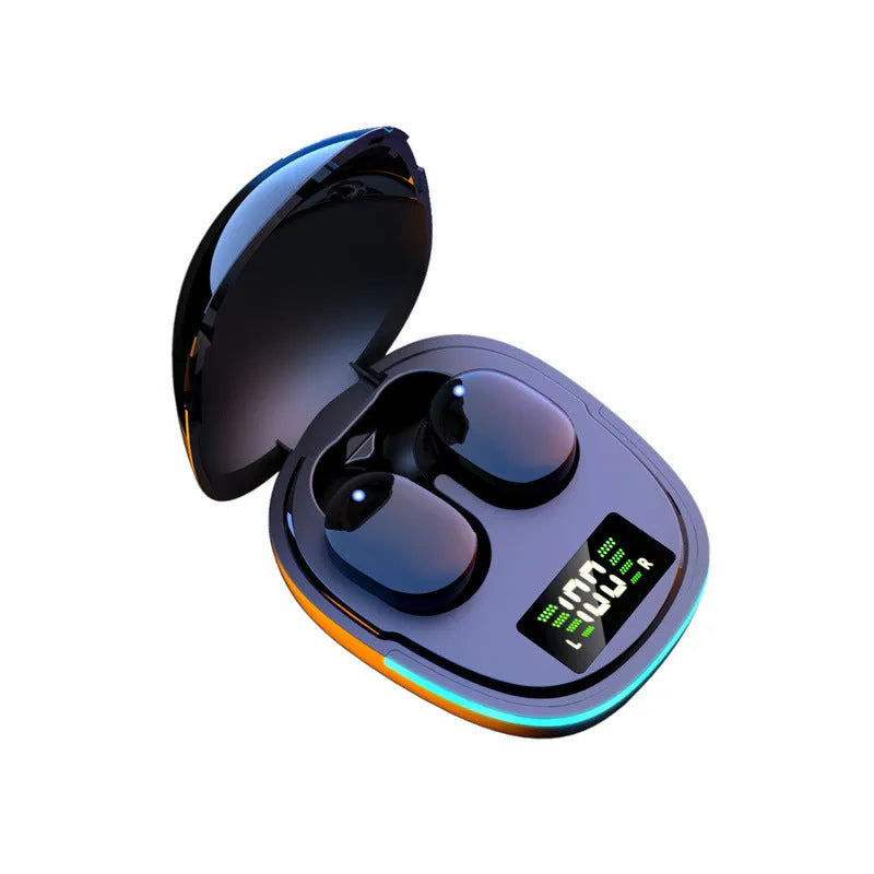 Black true wireless Bluetooth headphones with charging box showing digital battery display and three pairs of different sized ear caps