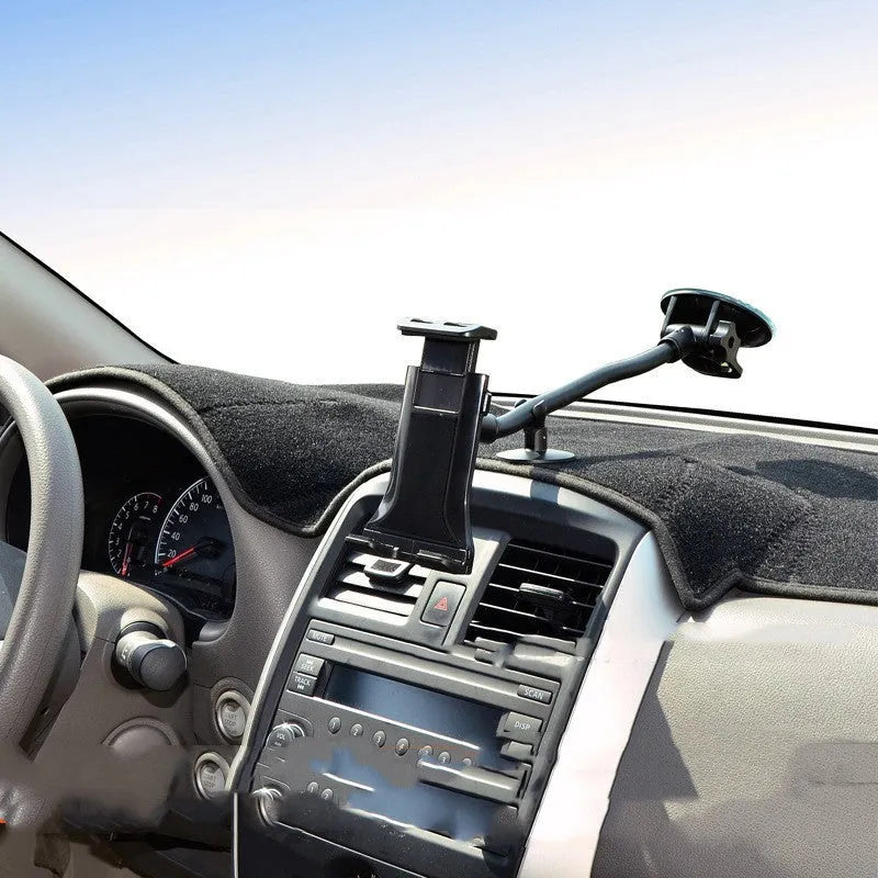 Black vehicle-mounted tablet holder with adjustable suction cup for 4-12 inch devices on car dashboard