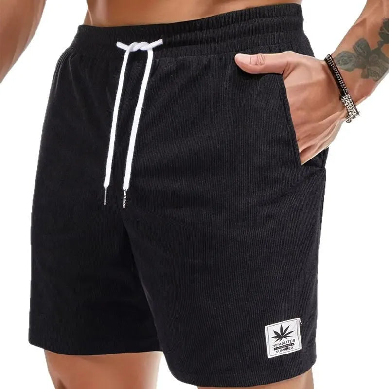 Men's elastic polyester drawstring leisure shorts in black, blue, khaki, or grey colours