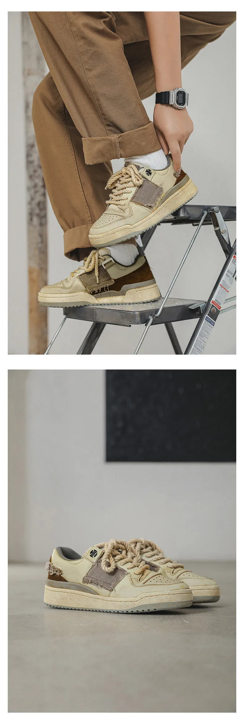 Beige low-top skateboard shoes with microfiber uppers, round toe, and lace-up closure on solid background