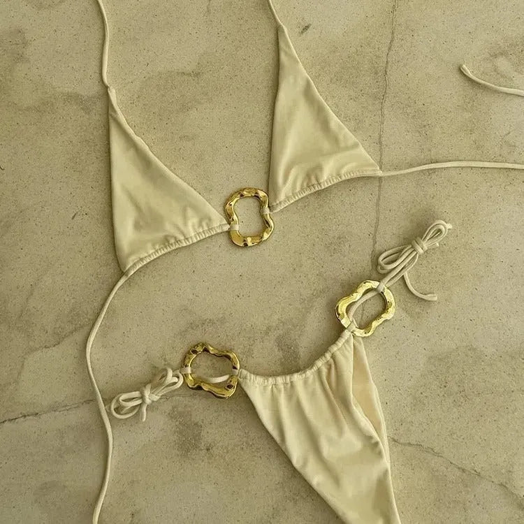 Women's halter neck bikini set with lace-up front detail in solid colour