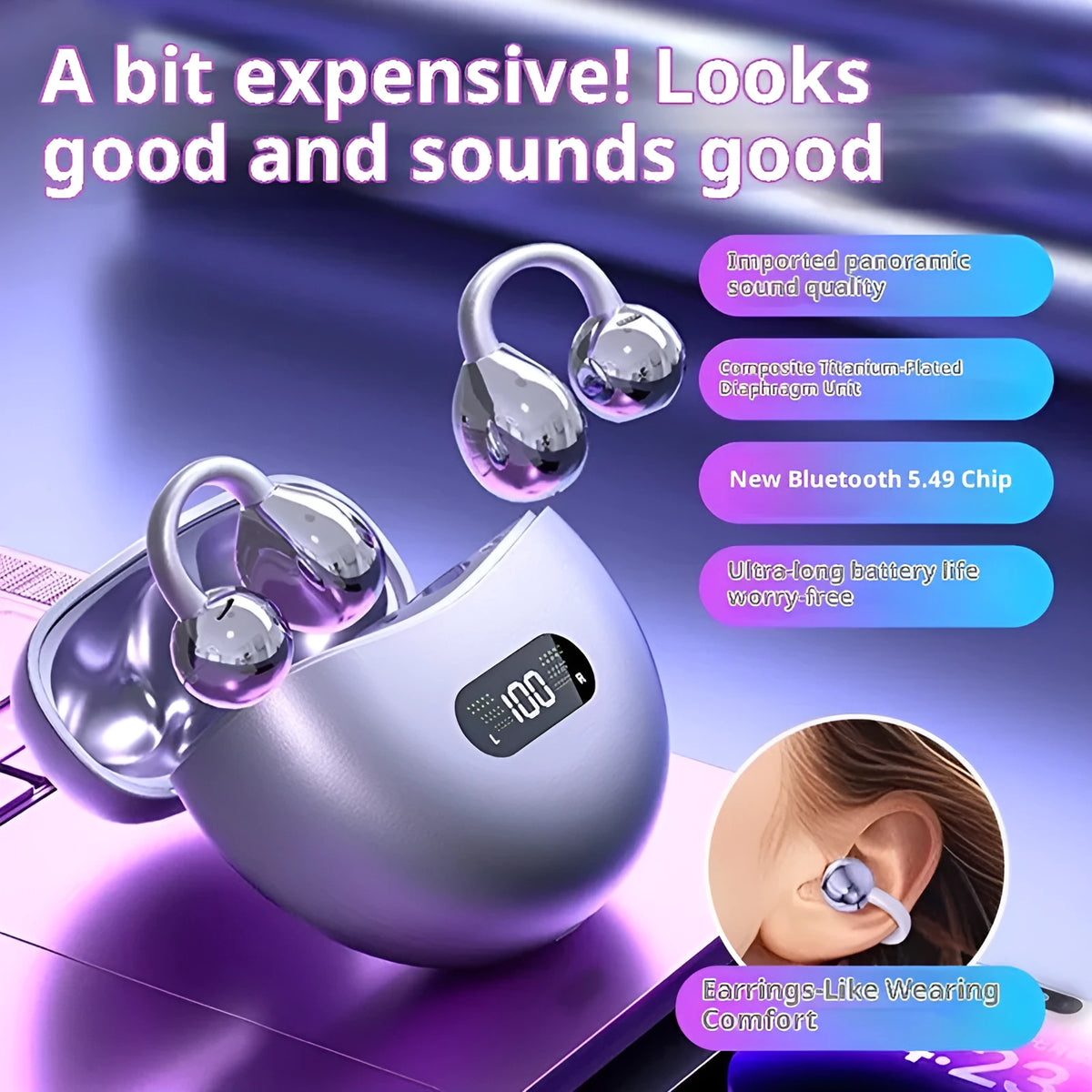 Ear clip wireless Bluetooth headphones with silicone earpieces, sporty style, shown in Aurora Purple, Chaos Black, or Elegant Skin