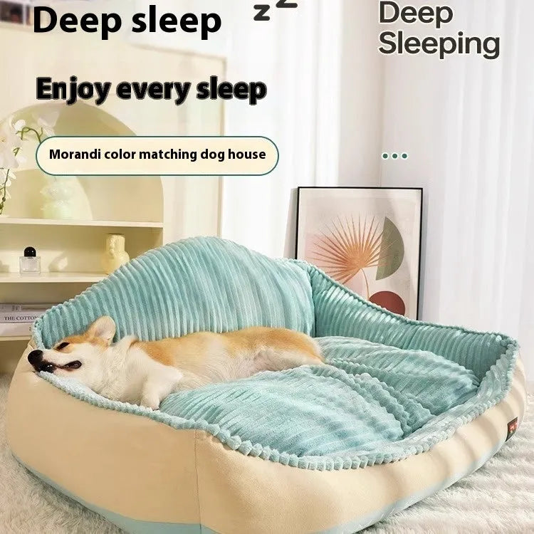 Morandi colour pet bed with removable cover, shown in M and L sizes for dogs and cats