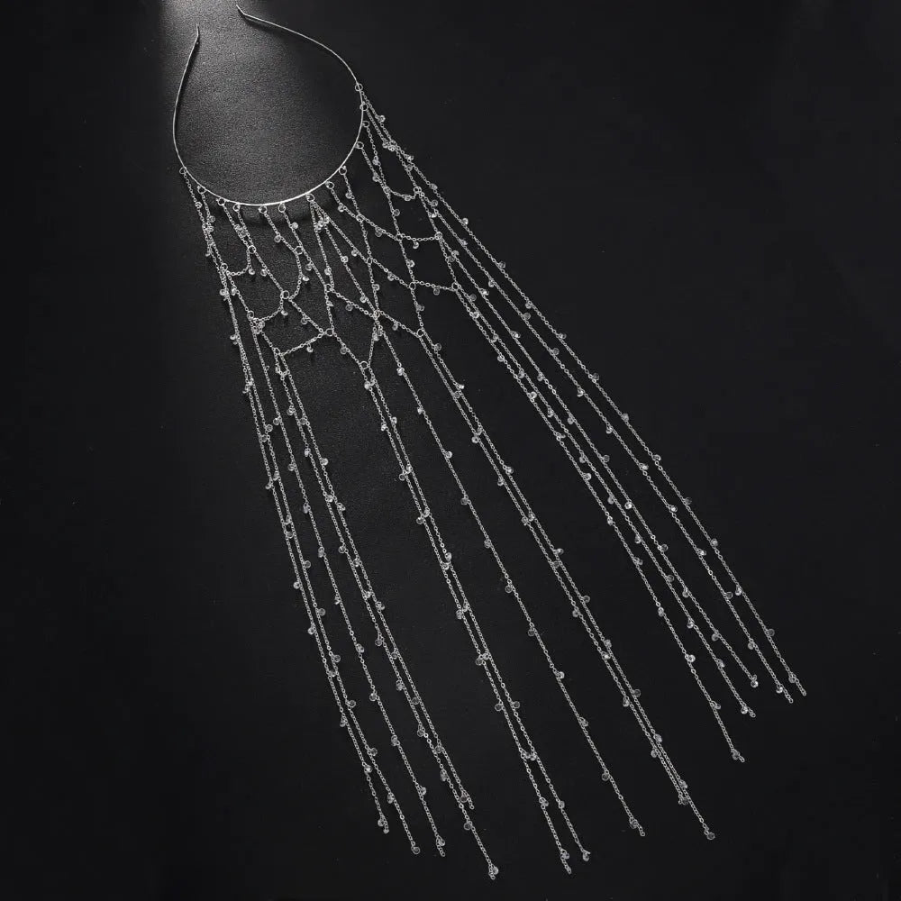 Gold electroplated mesh tassel rhinestone headband hair accessory