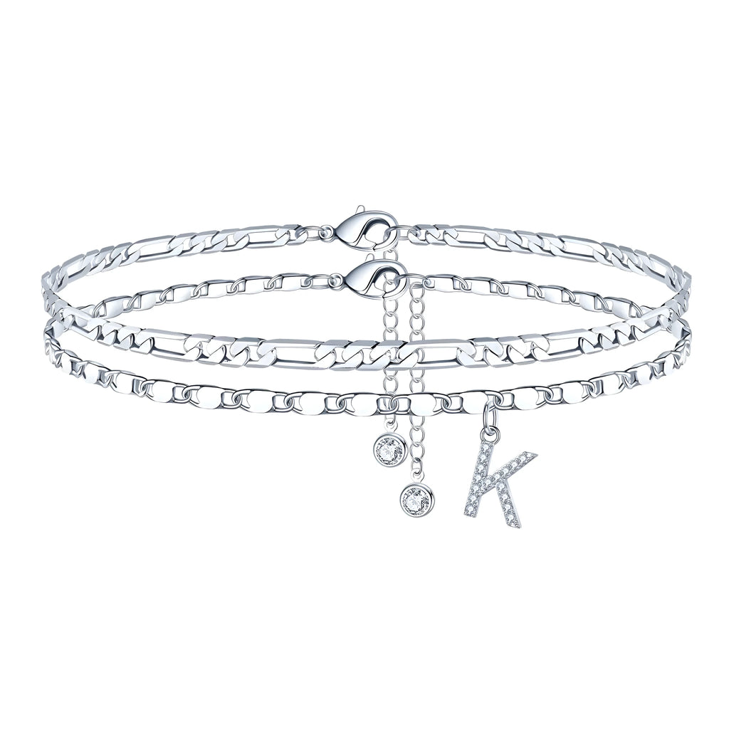 Silver colour copper anklet with double circle beads and alphabet letter charm