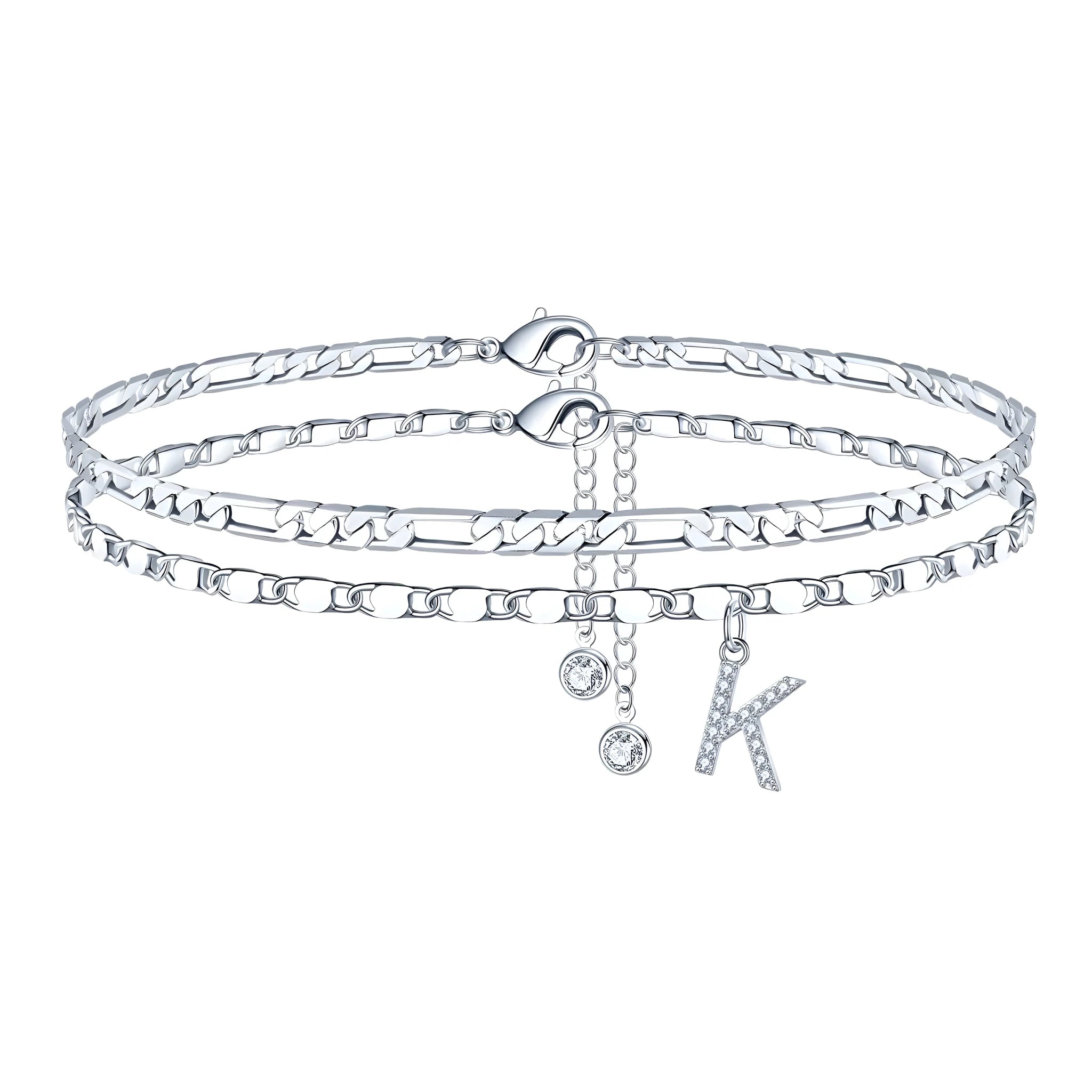 Silver colour copper anklet with double circle beads and alphabet letter charm