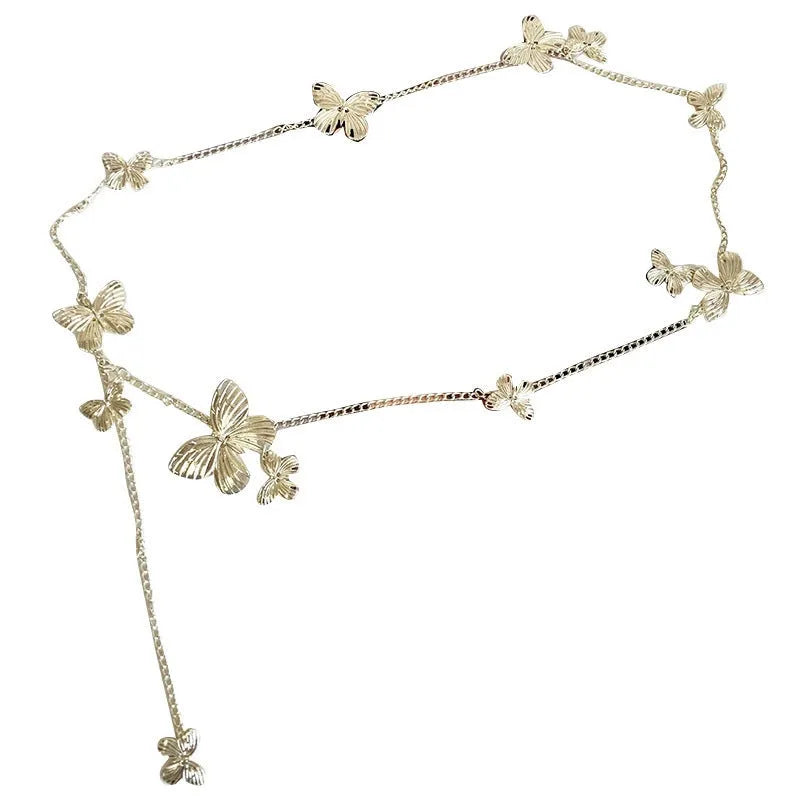 Golden butterfly waist chain with adjustable clasp, 104cm length, on a model showing retro style.