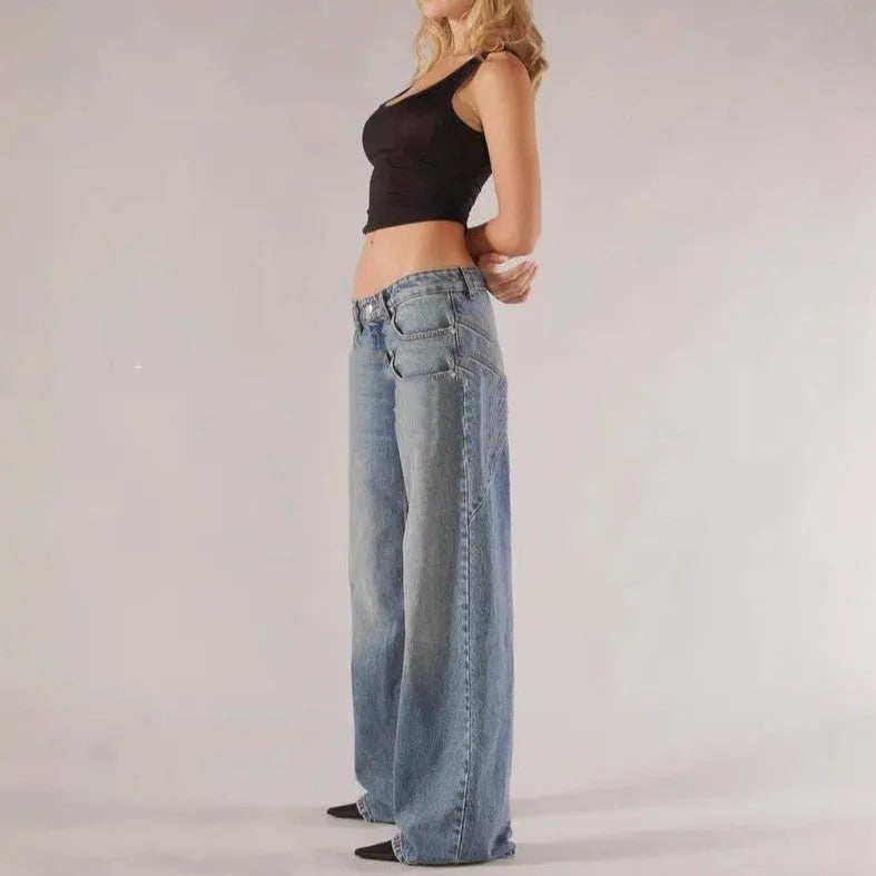 Loose straight wide leg mop trousers in blue, low waist, cotton fabric, loose fit design