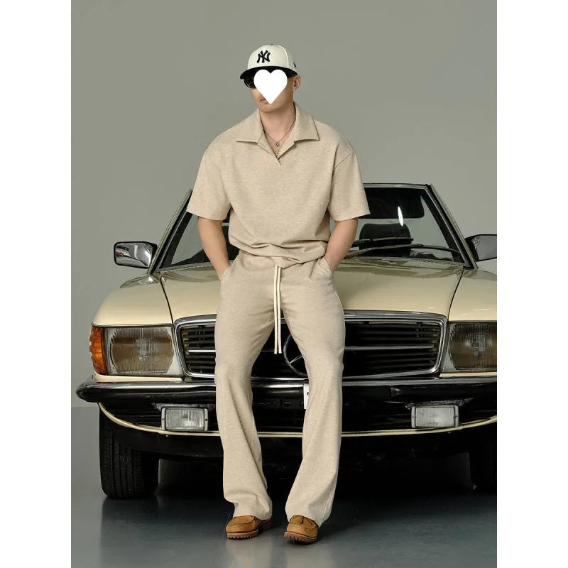 Men's beige cotton lapel short-sleeved T-shirt and trousers suit, casual summer two-piece set for elderly men