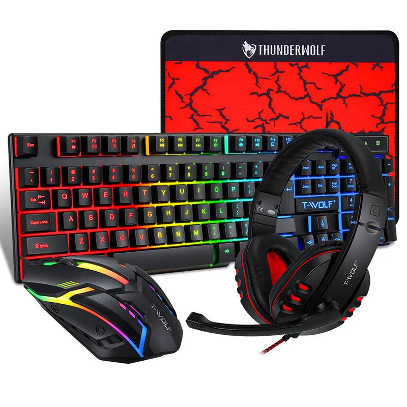 Thunder Wolf T800 wired keyboard and mouse set with headset and mouse pad on desktop