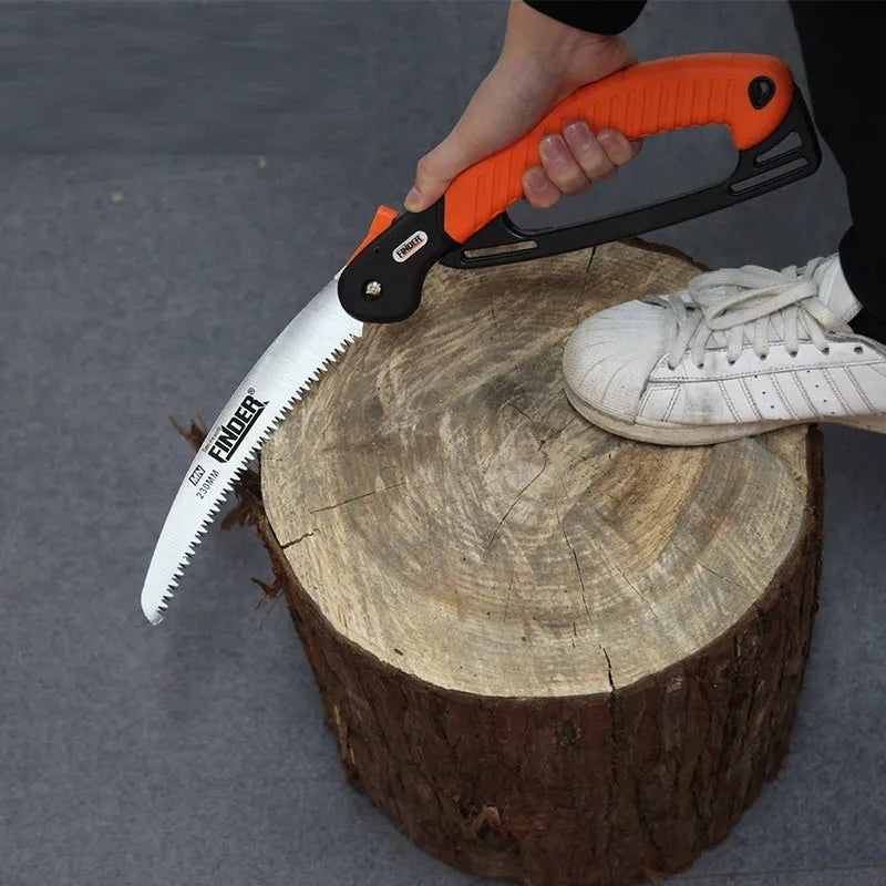 Folding garden saw with extended 230mm 65MN steel blade and TPR grip, showing teeth detail