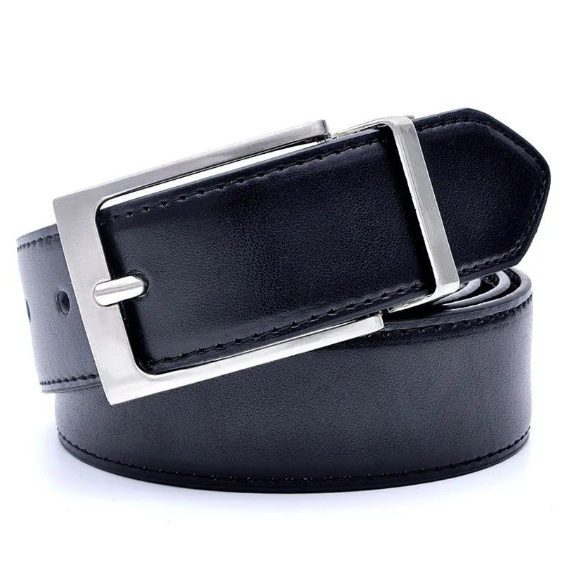 Men's dark brown and black casual leather belt with a silver rotating pin buckle, laid flat.