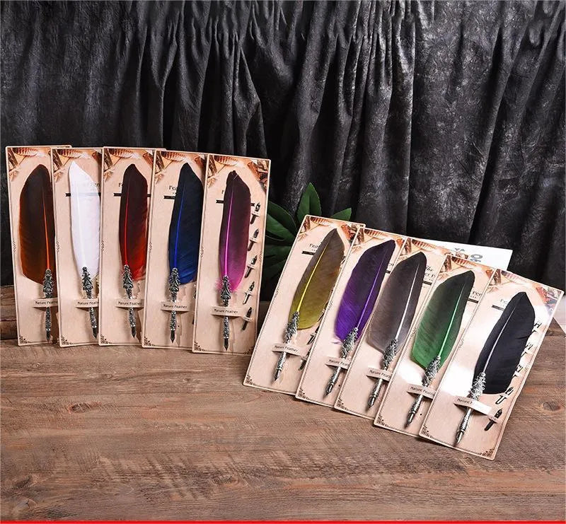 Vintage-style feather dip pen with metallic finish in choice of 10 colours for calligraphy writing