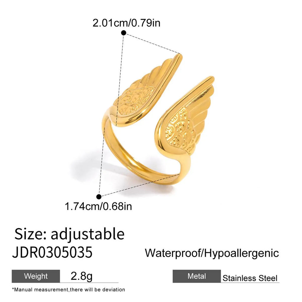 Stainless steel wings ring with adjustable opening and electroplated finish in various colour options