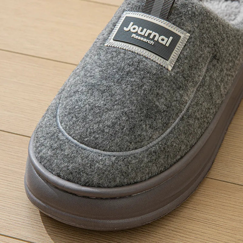 Brown and grey men's suede and cotton slippers with a thickened sole, shown in multiple extended sizes.
