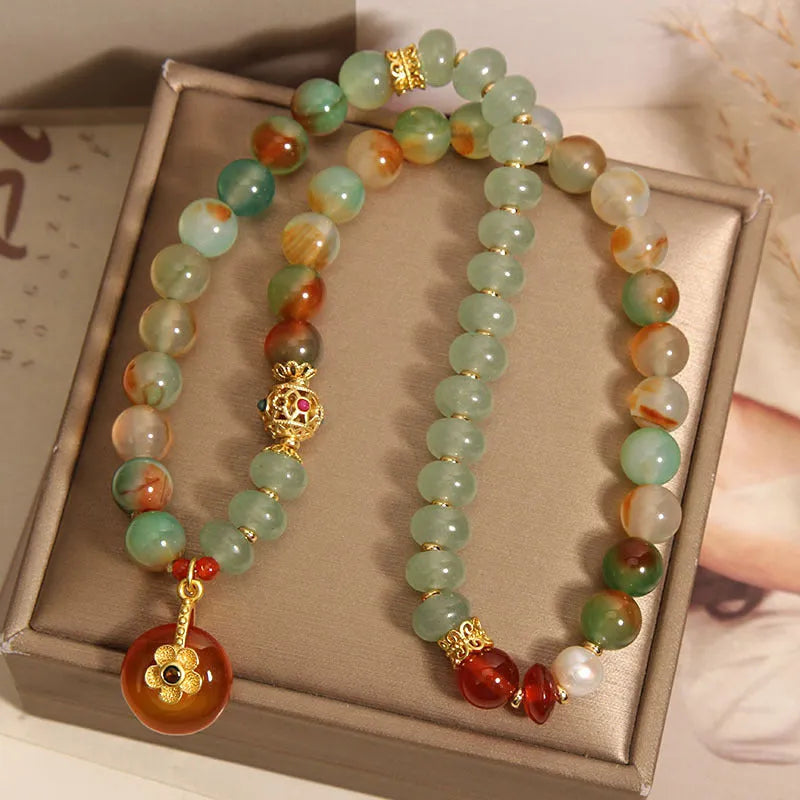 Peacock green agate double ring women's bracelet with safety buckle and rhinestone details