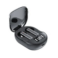 Black wireless Bluetooth in-ear headset with digital display screen and compact charging case