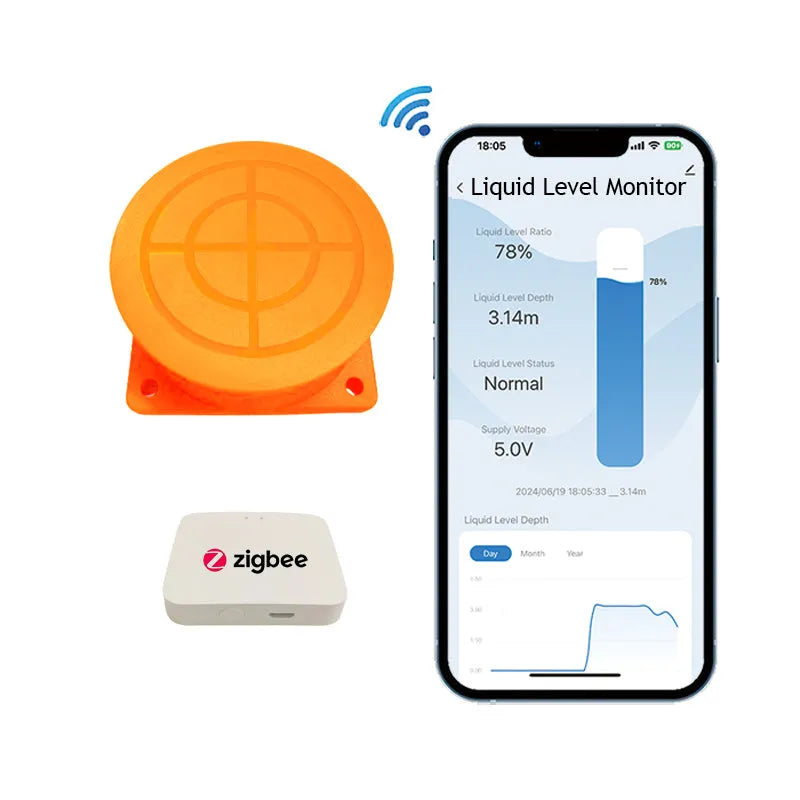 Wireless fluid level monitor for water and oil tanks with Tuya SmartLife app connectivity and remote monitoring capability
