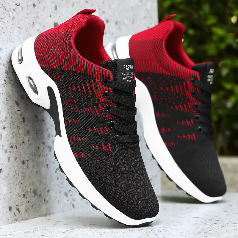 Men's black and blue Flyknit mesh casual sneakers with lace-up front and soft sole.