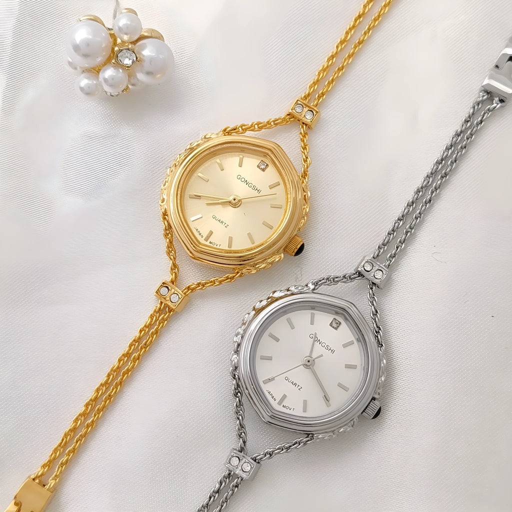 Gold or silver mori style women's quartz watch with 25mm dial and chain strap