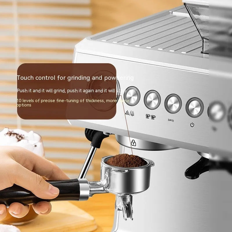 Silver gray fully automatic Italian coffee machine with 2L water tank, 20Bar pump, 200g bean storage, and EU plug.