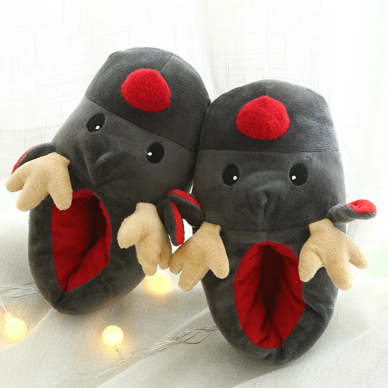 Grey Christmas elk home slippers with super soft fleece upper and point bottom sole, unisex sizes 36-41