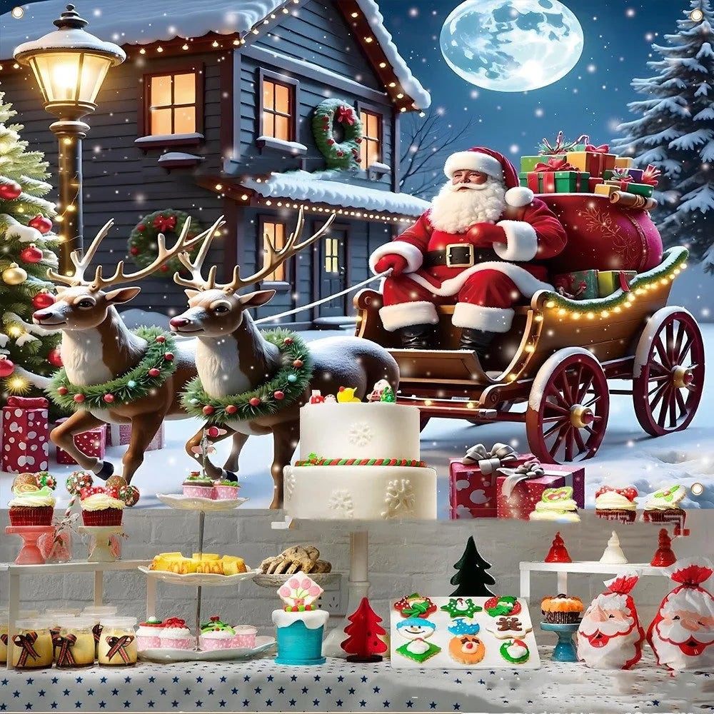 Red Christmas banner with Santa Claus design measuring 210 by 150 centimetres