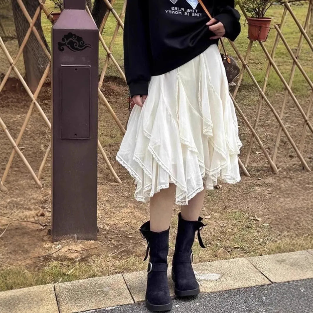 Apricot high-waisted A-line skirt with French irregular lace patch, short polyester skirt in sizes S to XL