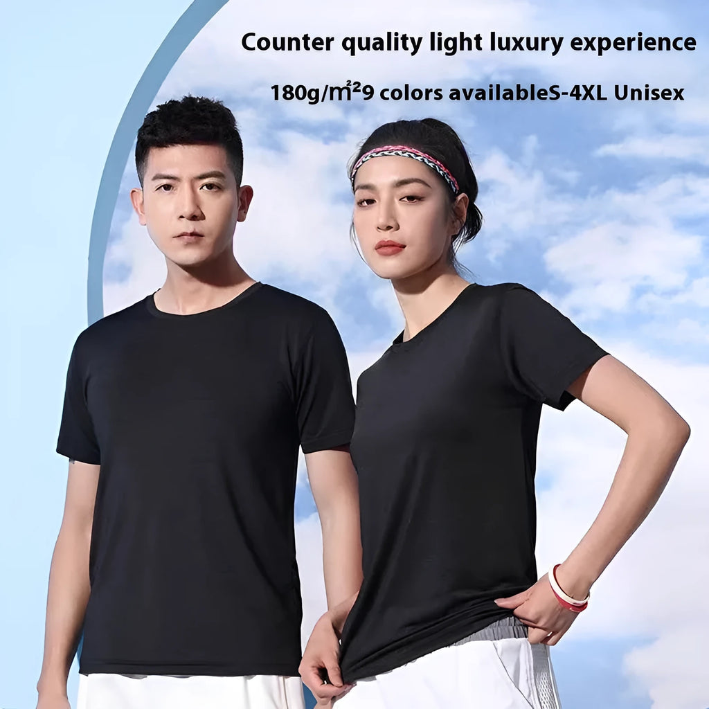 Crystal Silk round neck T-shirt in solid colour on size chart background