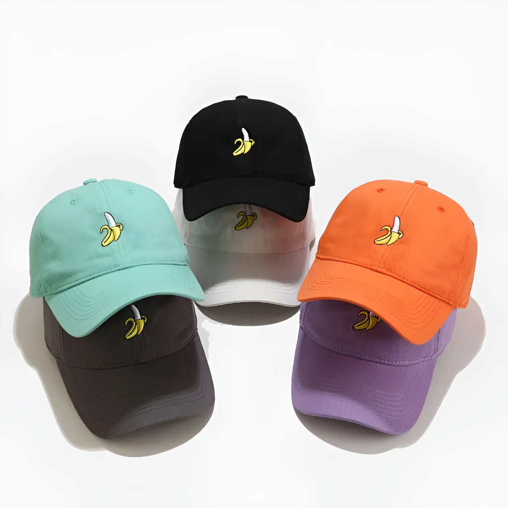 Adjustable baseball cap with banana embroidery in various colours