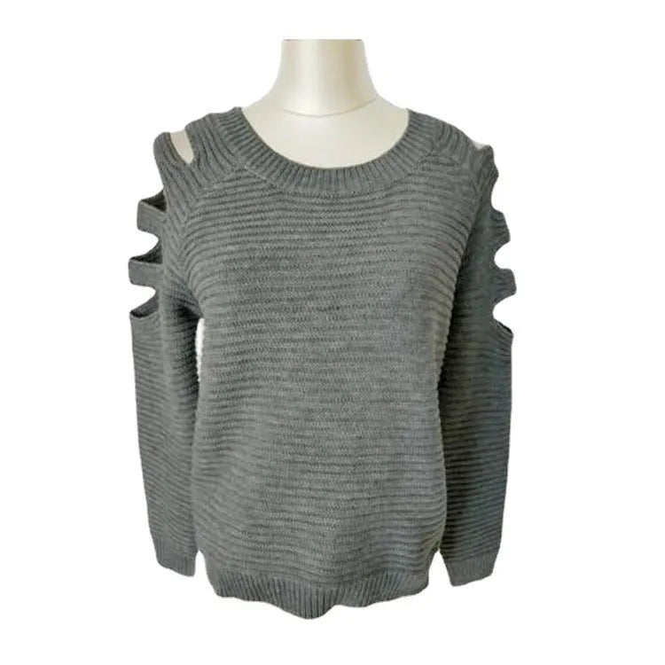 Women's grey hollow-out knitted shirt with crocheted detailing and round neckline