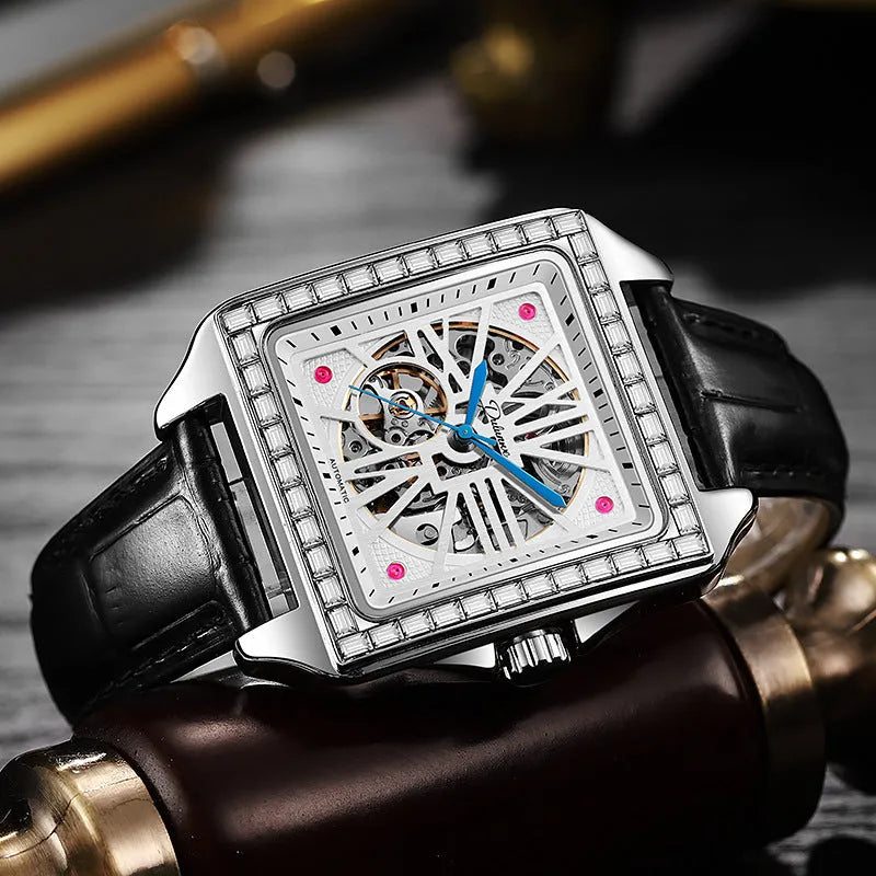 Men's automatic watch with square diamond-studded face and 6066A stainless steel or leather belt in black or white