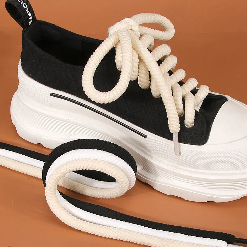 Round woven shoelaces in black, white and beige colours showing 10mm diameter and length variations
