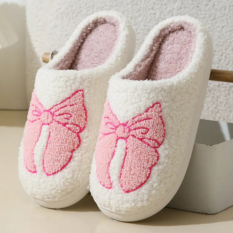 Cartoon bow knot cotton slippers with suede upper and TPR sole in pink and blue colour options