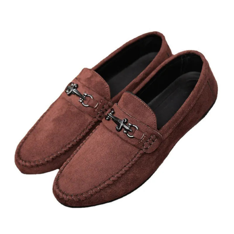 Men's black and brown waterproof PU leather slip-on loafers with round toe and rubber sole