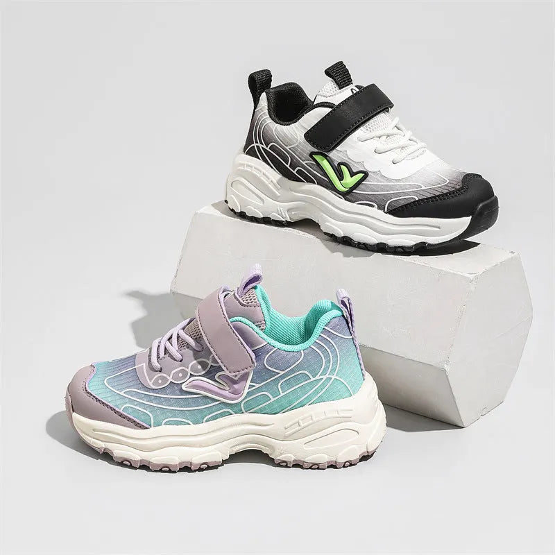 Children's black and purple striped lace-up trainer shoes with mesh fabric upper