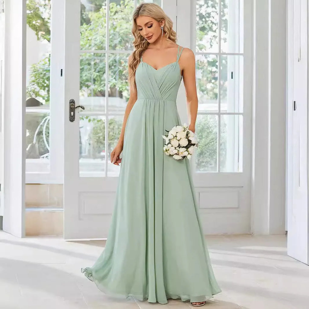 Sling Banquet long pleated dress in light green, A-line skirt, sleeveless design, casual style