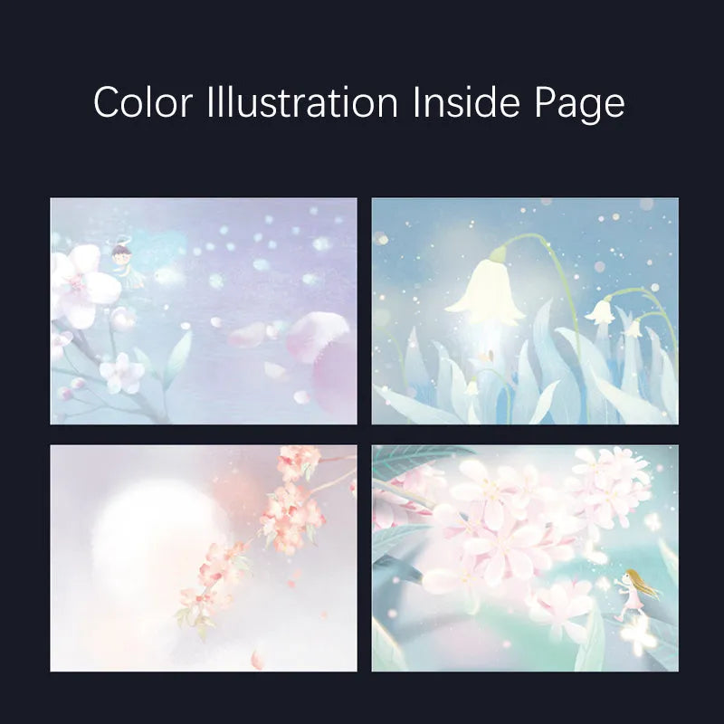A5 notebook with luminous cover in Deep Blue, open to show colour illustration pages, size 21 x 14.8 cm