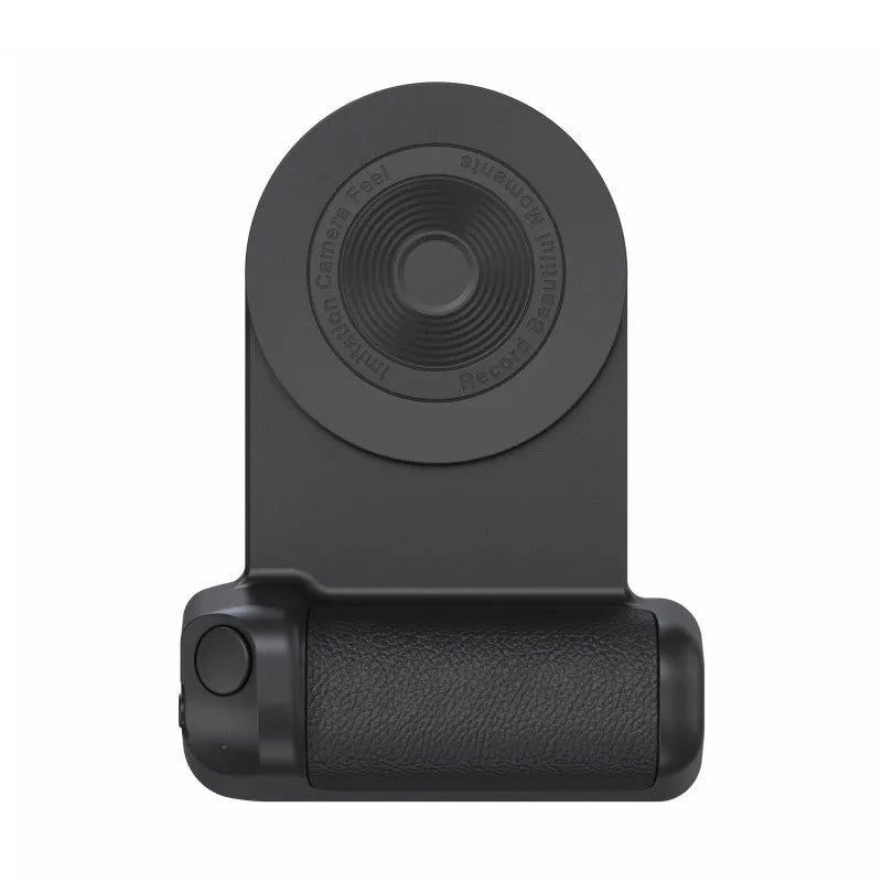 Black magnetic phone holder with rotatable design and PU leather grip on a table