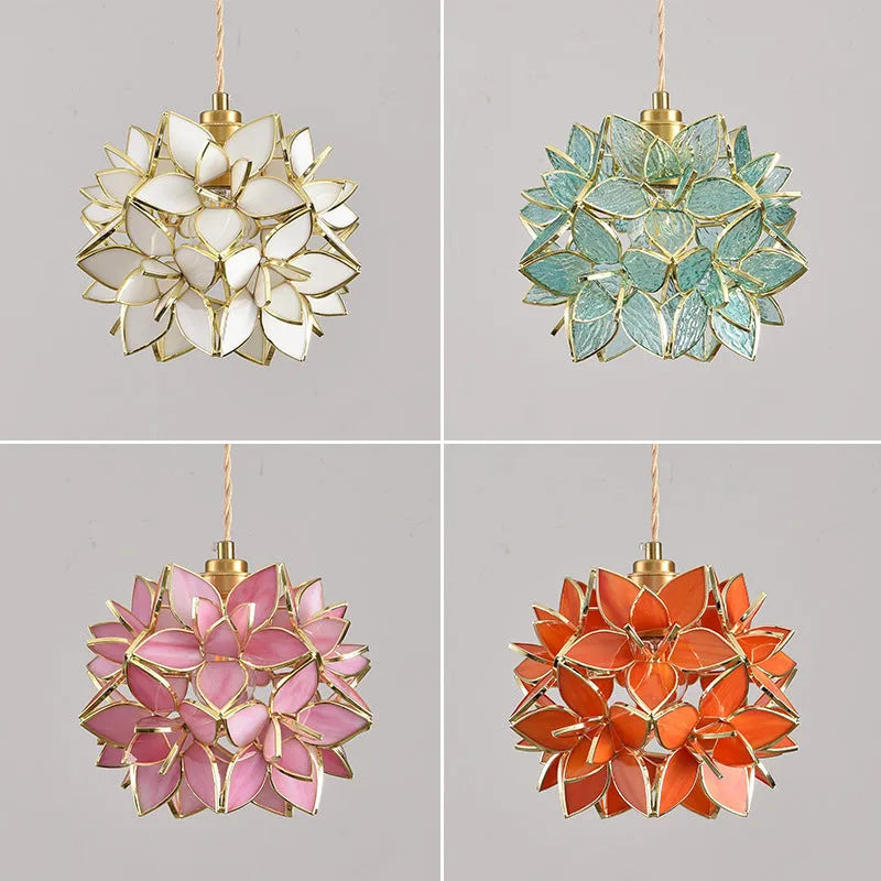 Stained glass hanging chandelier with copper lamp heads showing coloured glass shade options