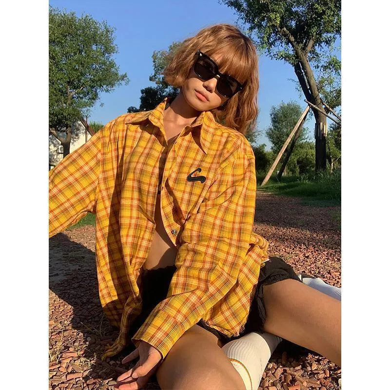 Dopamine yellow plaid shirt with loose cardigan style, sizes M to 2XL, 80-thread count chemical fibre blend