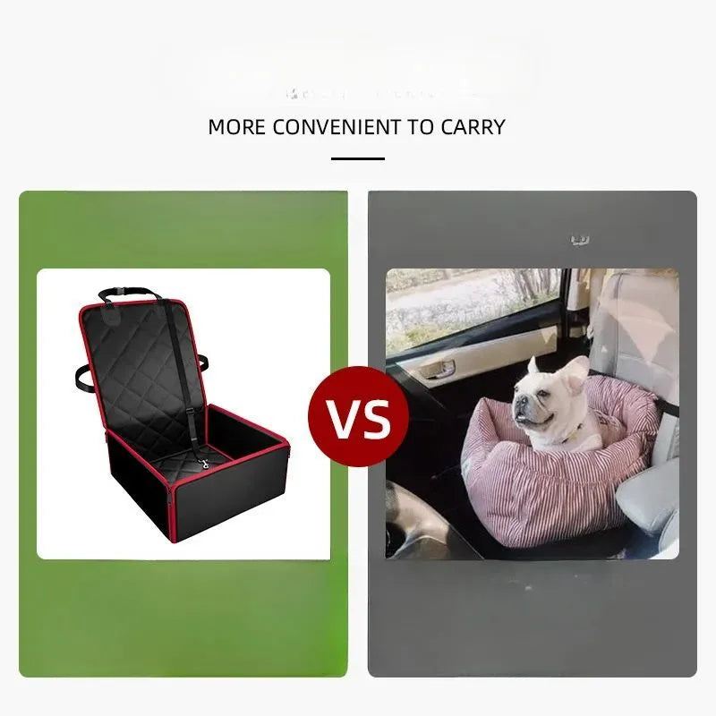 Black non-slip car pet pad for dogs on a car seat, showing anti-dirt surface.